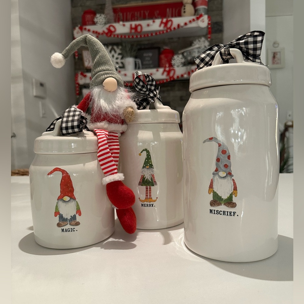 Set of three Rae Dunn Christmas gnome canisters